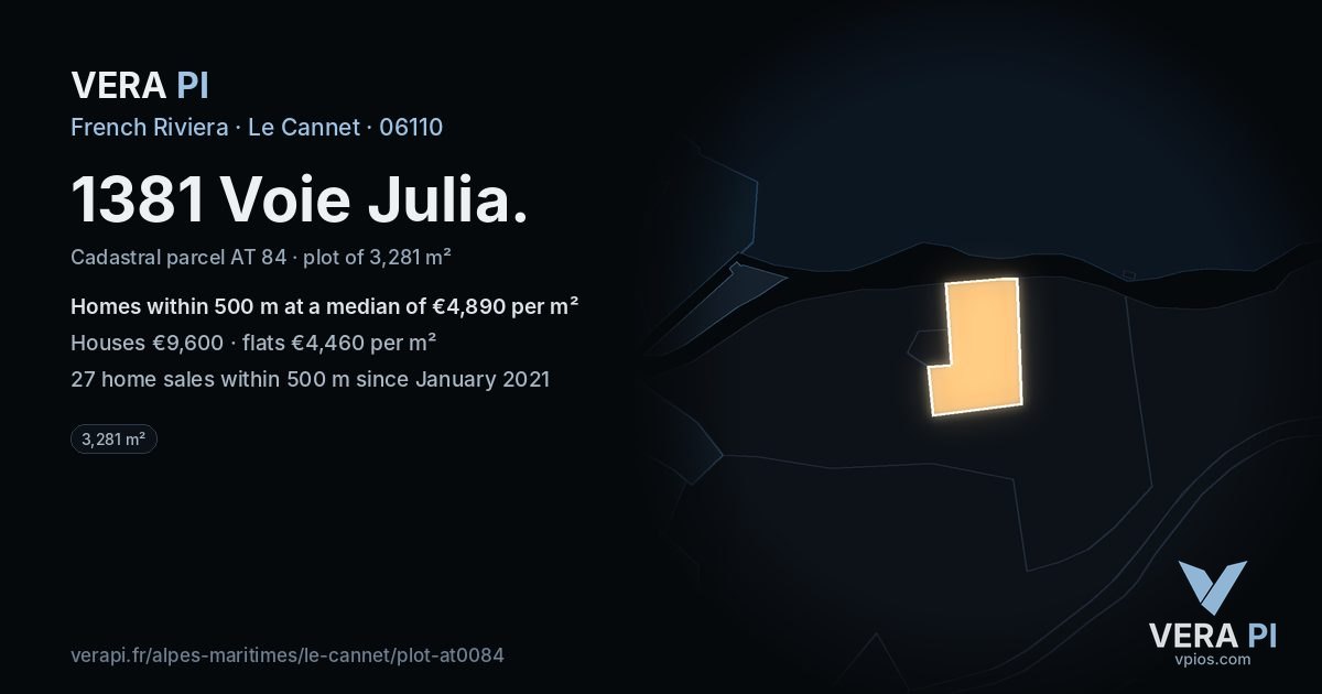 1381 Voie Julia, Le Cannet at night – the plot lit, the parcels around coloured by the prices near them