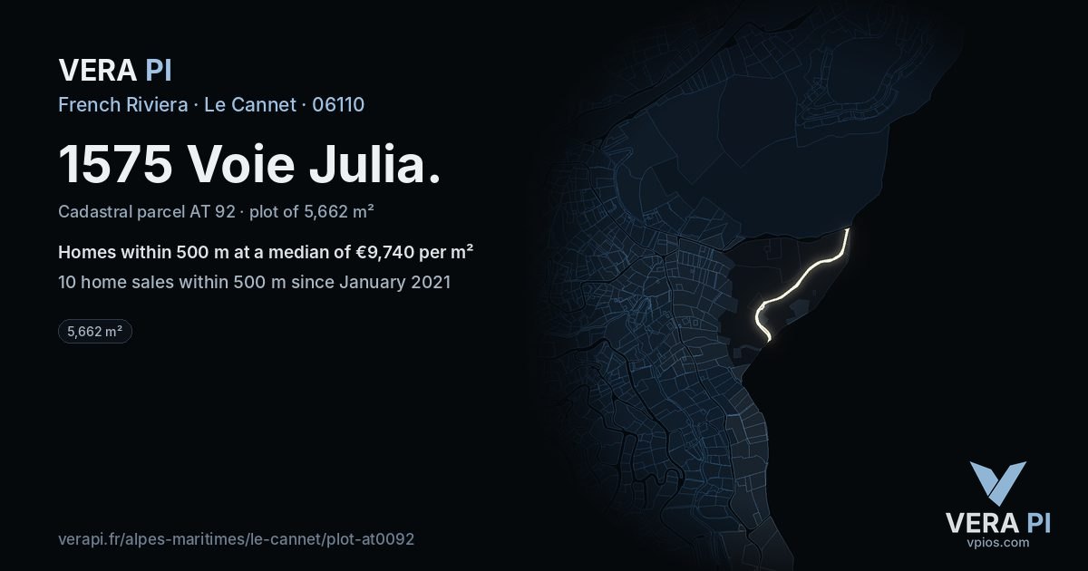 1575 Voie Julia, Le Cannet at night – the plot lit, the parcels around coloured by the prices near them