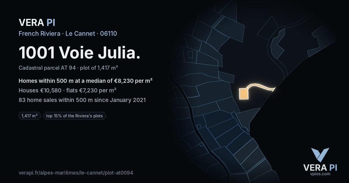 1001 Voie Julia, Le Cannet at night – the plot lit, the parcels around coloured by the prices near them