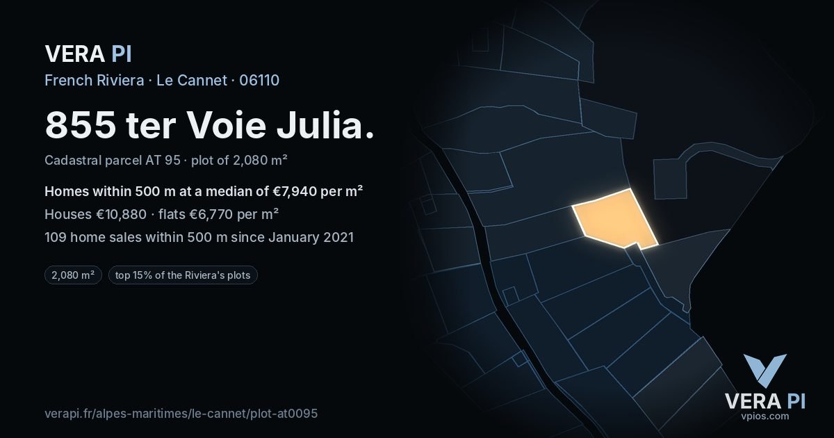 855 ter Voie Julia, Le Cannet at night – the plot lit, the parcels around coloured by the prices near them
