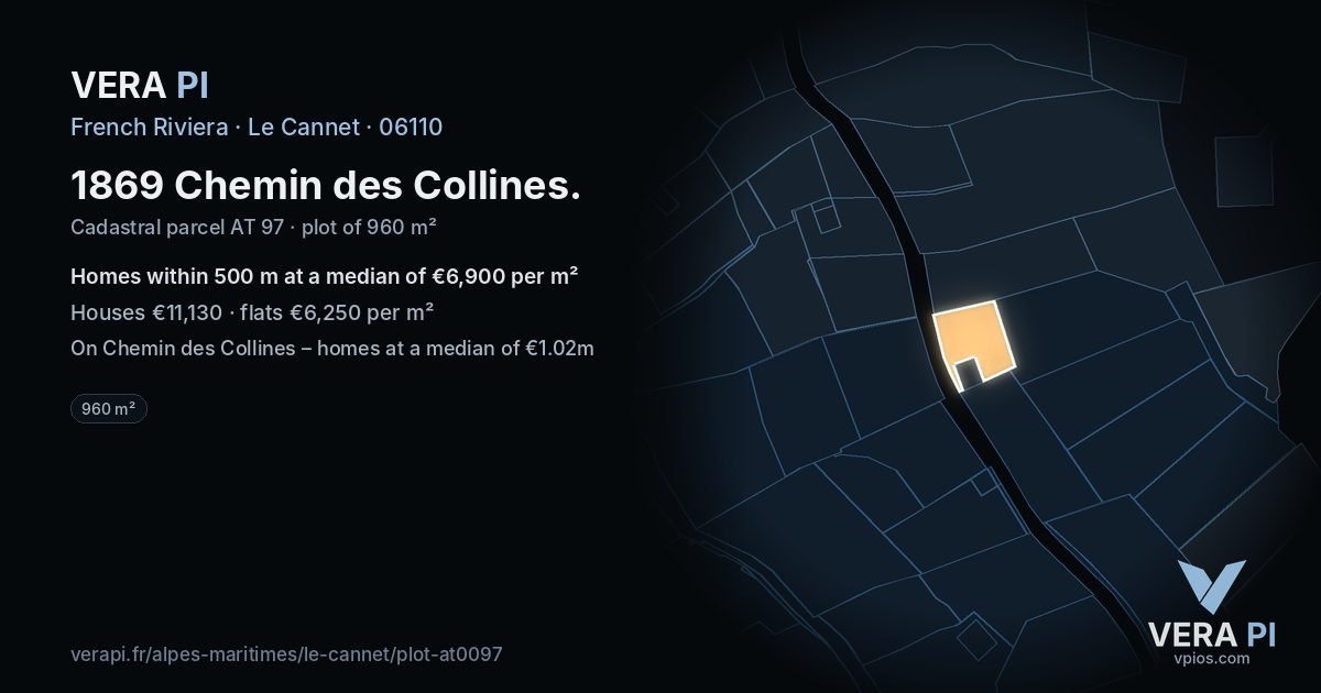 1869 Chemin des Collines, Le Cannet at night – the plot lit, the parcels around coloured by the prices near them