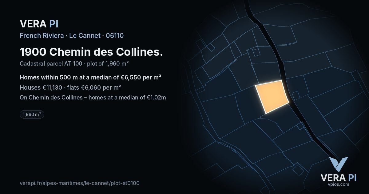 1900 Chemin des Collines, Le Cannet at night – the plot lit, the parcels around coloured by the prices near them