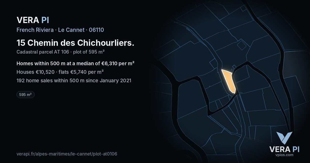 15 Chemin des Chichourliers, Le Cannet at night – the plot lit, the parcels around coloured by the prices near them