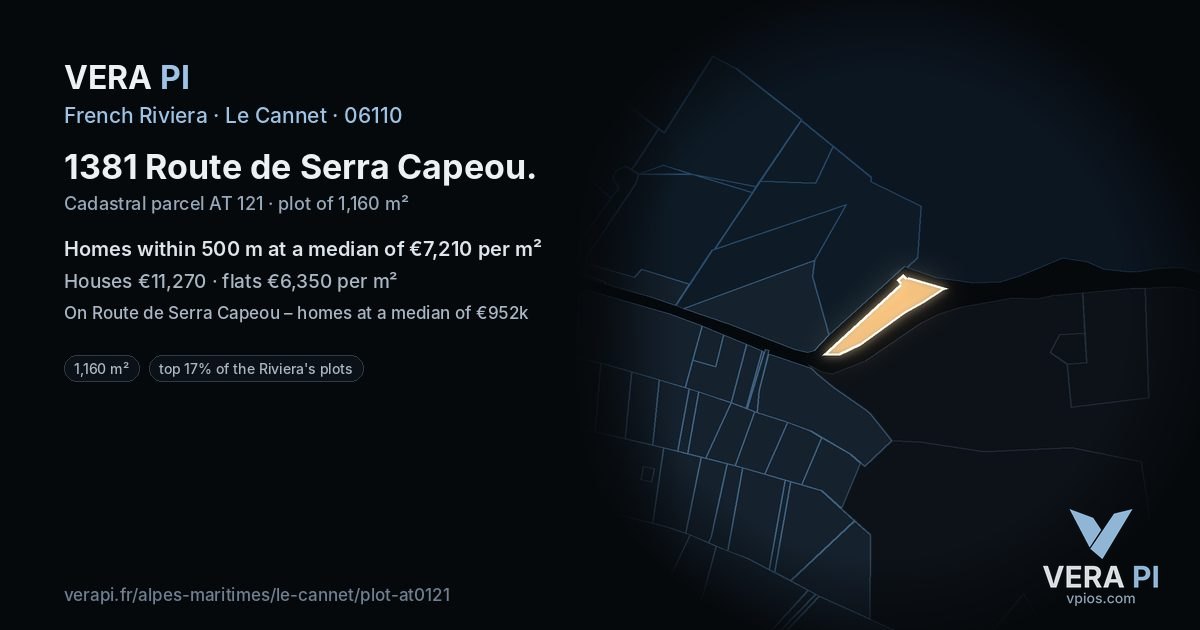 1381 Route de Serra Capeou, Le Cannet at night – the plot lit, the parcels around coloured by the prices near them