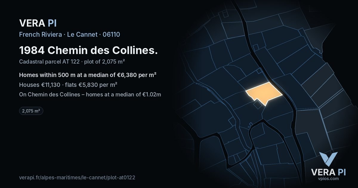 1984 Chemin des Collines, Le Cannet at night – the plot lit, the parcels around coloured by the prices near them