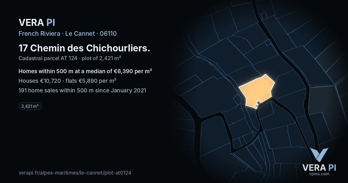 17 Chemin des Chichourliers, Le Cannet at night – the plot lit, the parcels around coloured by the prices near them