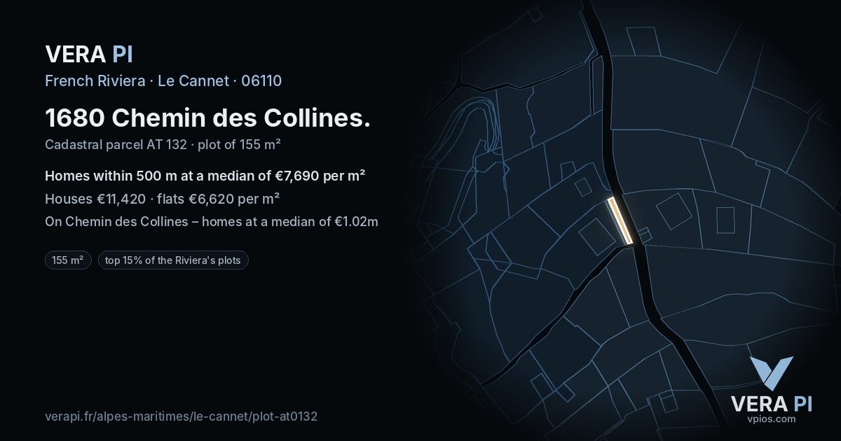 1680 Chemin des Collines, Le Cannet at night – the plot lit, the parcels around coloured by the prices near them