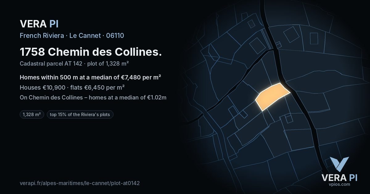 1758 Chemin des Collines, Le Cannet at night – the plot lit, the parcels around coloured by the prices near them