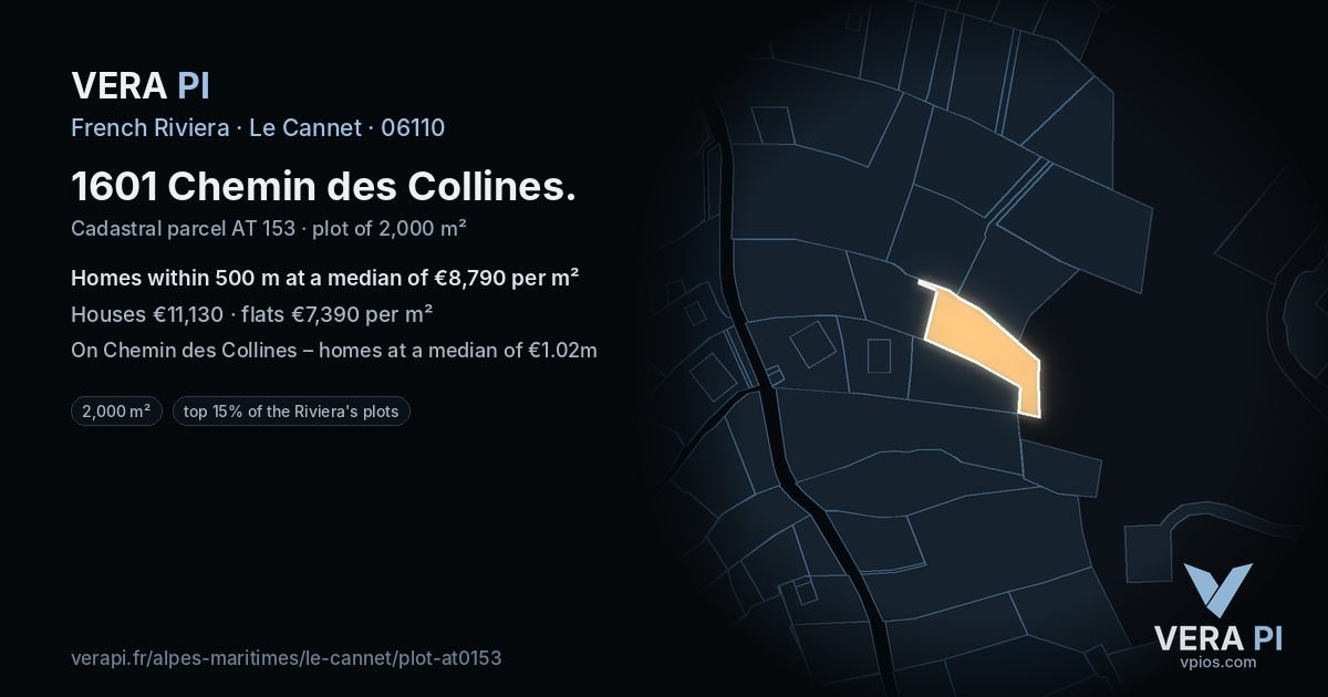 1601 Chemin des Collines, Le Cannet at night – the plot lit, the parcels around coloured by the prices near them