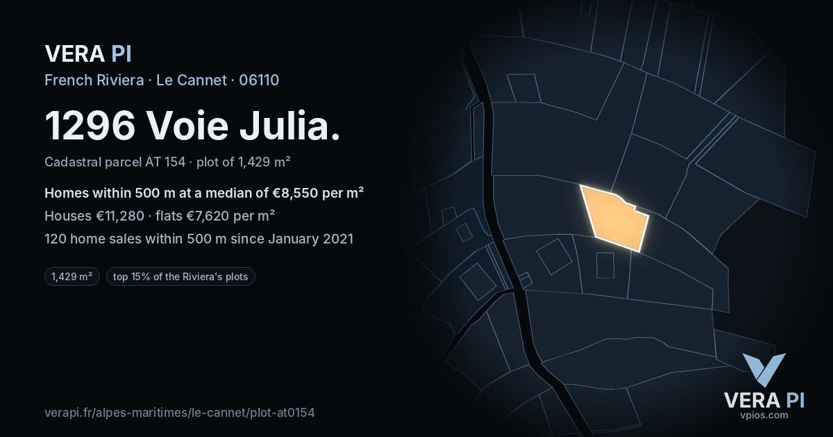 1296 Voie Julia, Le Cannet at night – the plot lit, the parcels around coloured by the prices near them