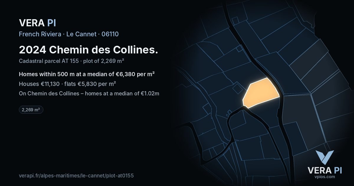 2024 Chemin des Collines, Le Cannet at night – the plot lit, the parcels around coloured by the prices near them