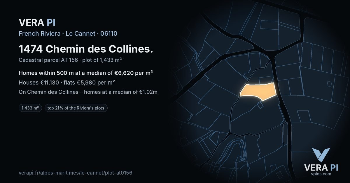 1474 Chemin des Collines, Le Cannet at night – the plot lit, the parcels around coloured by the prices near them