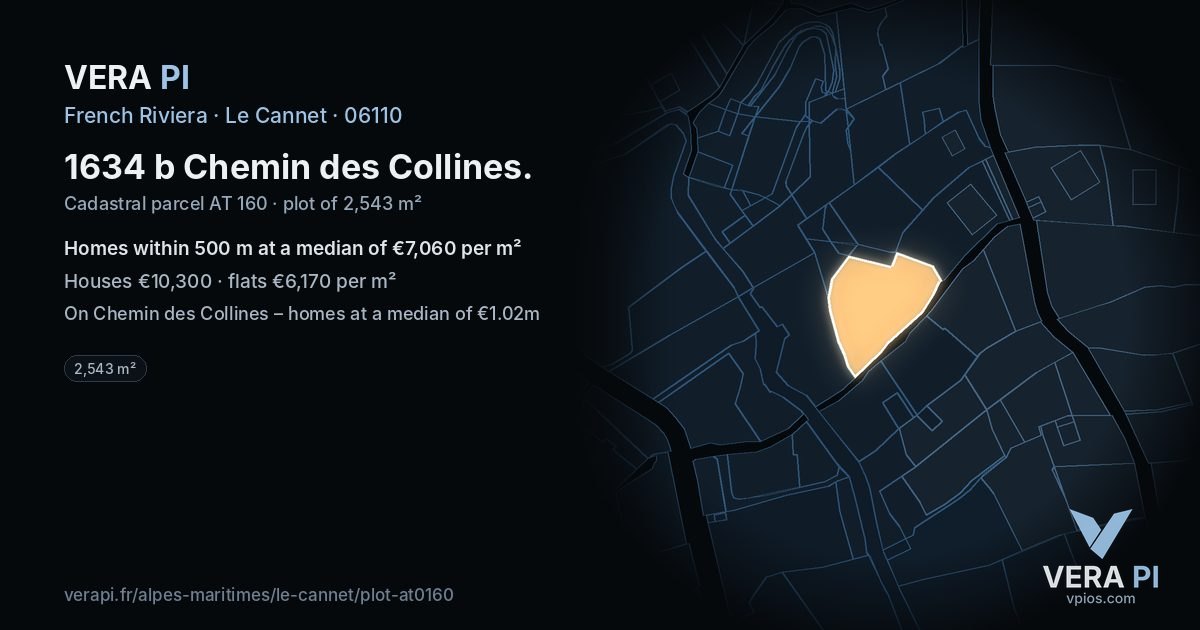 1634 b Chemin des Collines, Le Cannet at night – the plot lit, the parcels around coloured by the prices near them