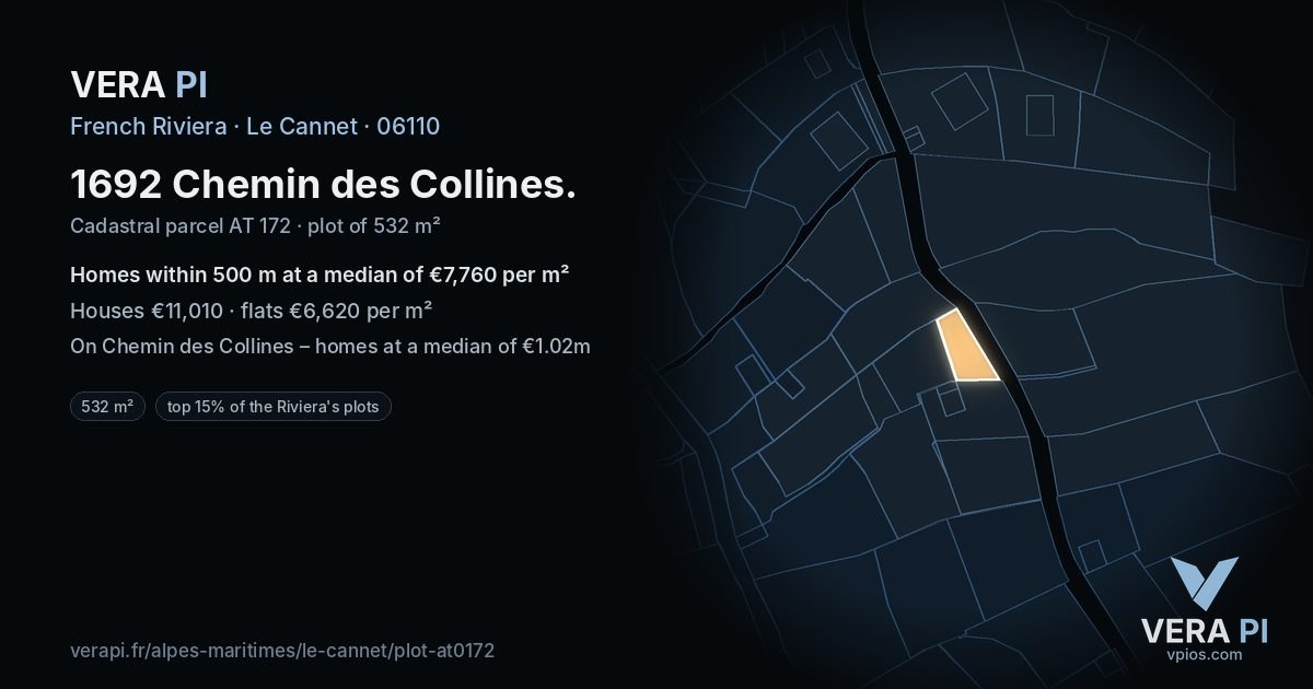 1692 Chemin des Collines, Le Cannet at night – the plot lit, the parcels around coloured by the prices near them