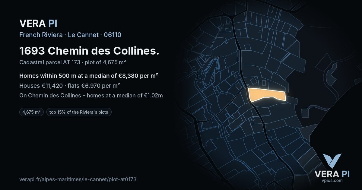 1693 Chemin des Collines, Le Cannet at night – the plot lit, the parcels around coloured by the prices near them