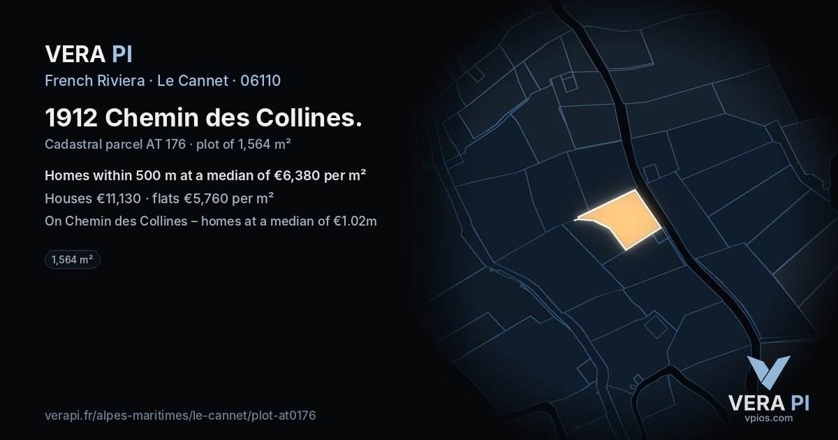 1912 Chemin des Collines, Le Cannet at night – the plot lit, the parcels around coloured by the prices near them