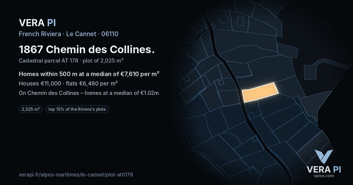 1867 Chemin des Collines, Le Cannet at night – the plot lit, the parcels around coloured by the prices near them