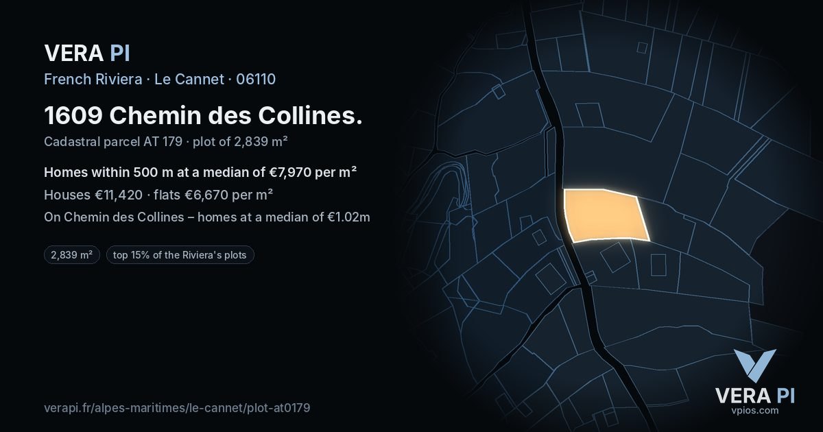 1609 Chemin des Collines, Le Cannet at night – the plot lit, the parcels around coloured by the prices near them