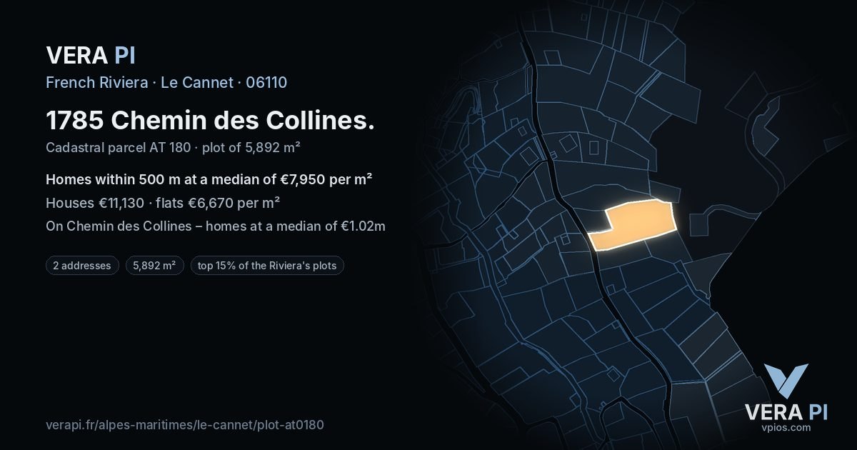 1785 Chemin des Collines, Le Cannet at night – the plot lit, the parcels around coloured by the prices near them