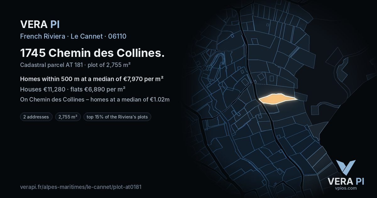 1745 Chemin des Collines, Le Cannet at night – the plot lit, the parcels around coloured by the prices near them