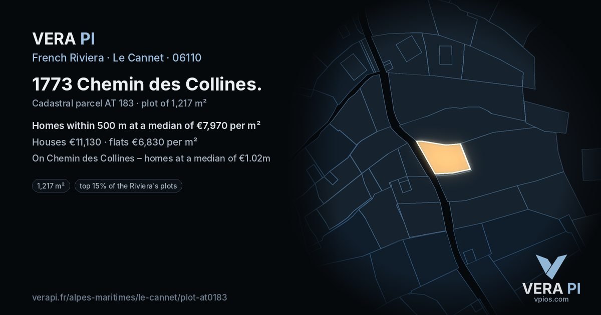 1773 Chemin des Collines, Le Cannet at night – the plot lit, the parcels around coloured by the prices near them