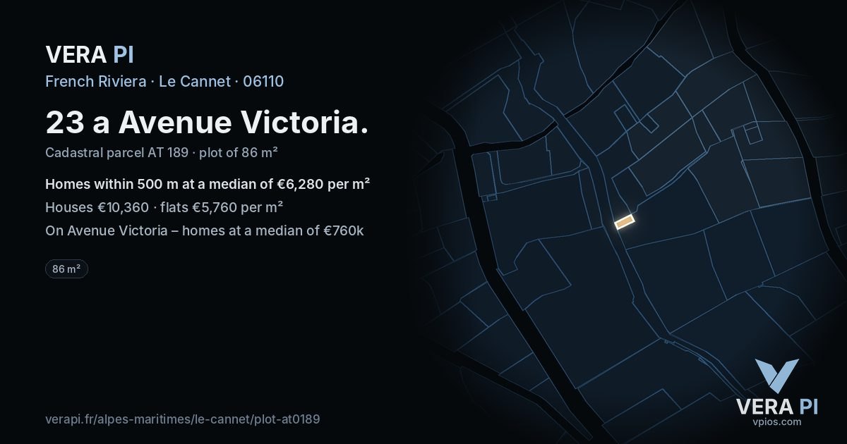 23 a Avenue Victoria, Le Cannet at night – the plot lit, the parcels around coloured by the prices near them