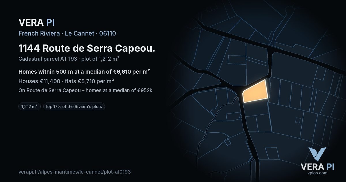 1144 Route de Serra Capeou, Le Cannet at night – the plot lit, the parcels around coloured by the prices near them