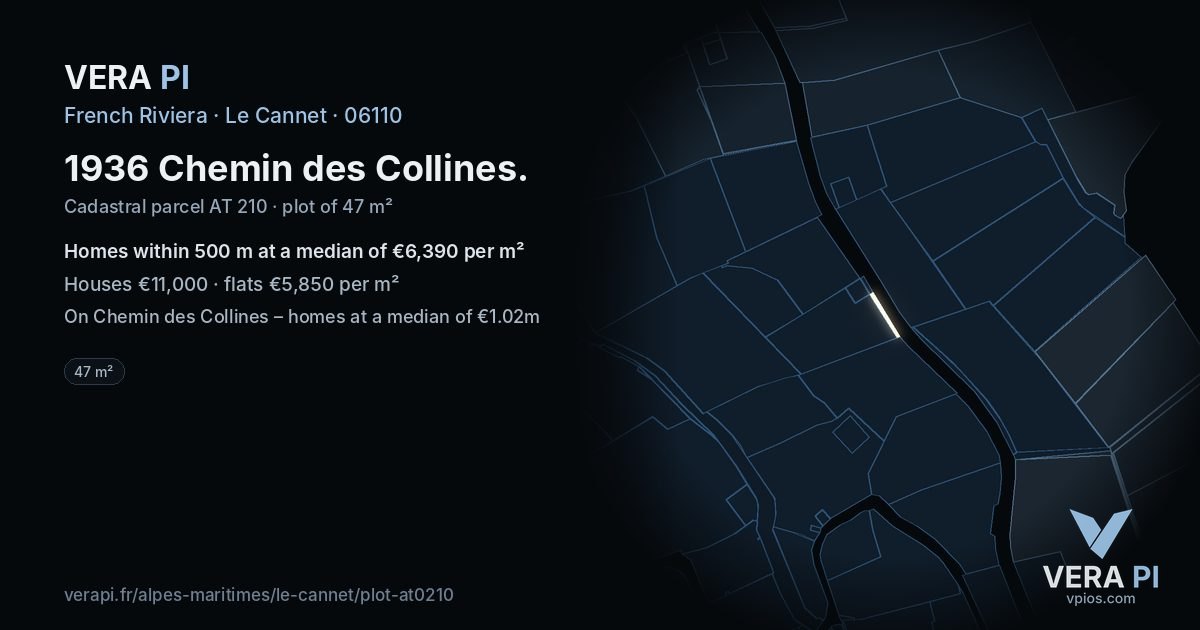 1936 Chemin des Collines, Le Cannet at night – the plot lit, the parcels around coloured by the prices near them