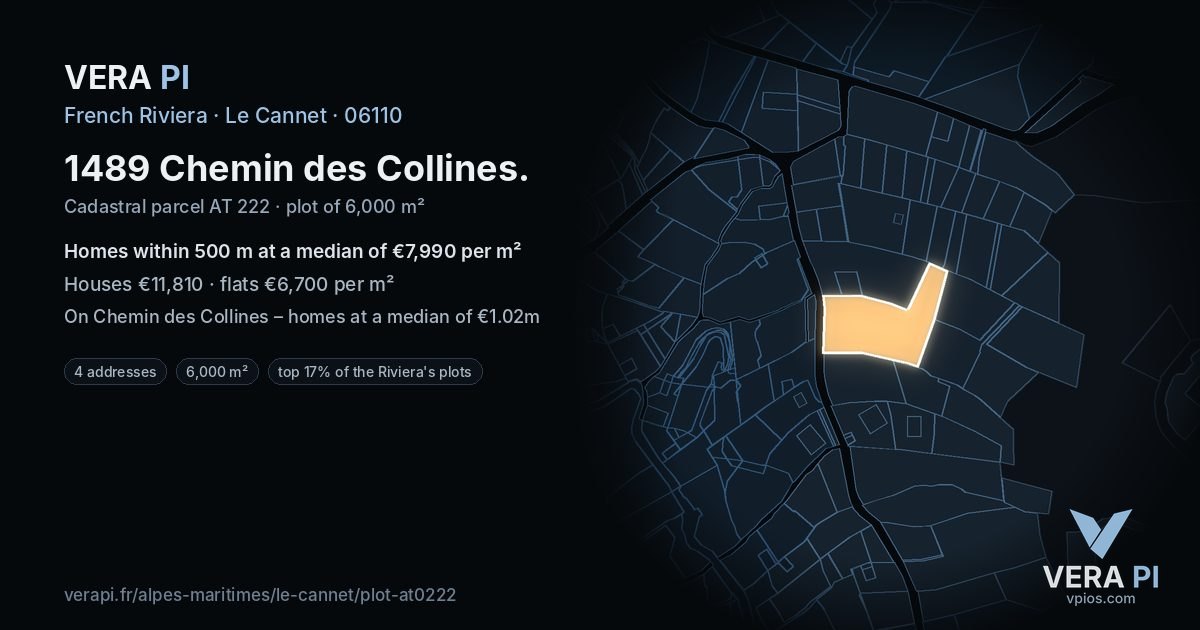 1489 Chemin des Collines, Le Cannet at night – the plot lit, the parcels around coloured by the prices near them