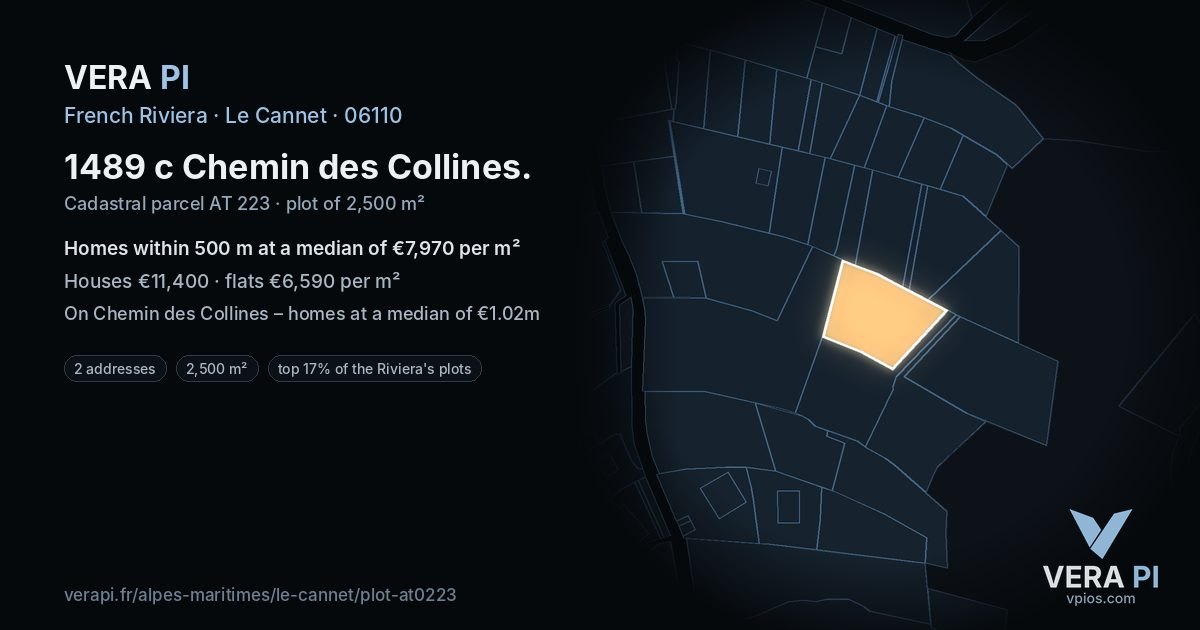 1489 c Chemin des Collines, Le Cannet at night – the plot lit, the parcels around coloured by the prices near them