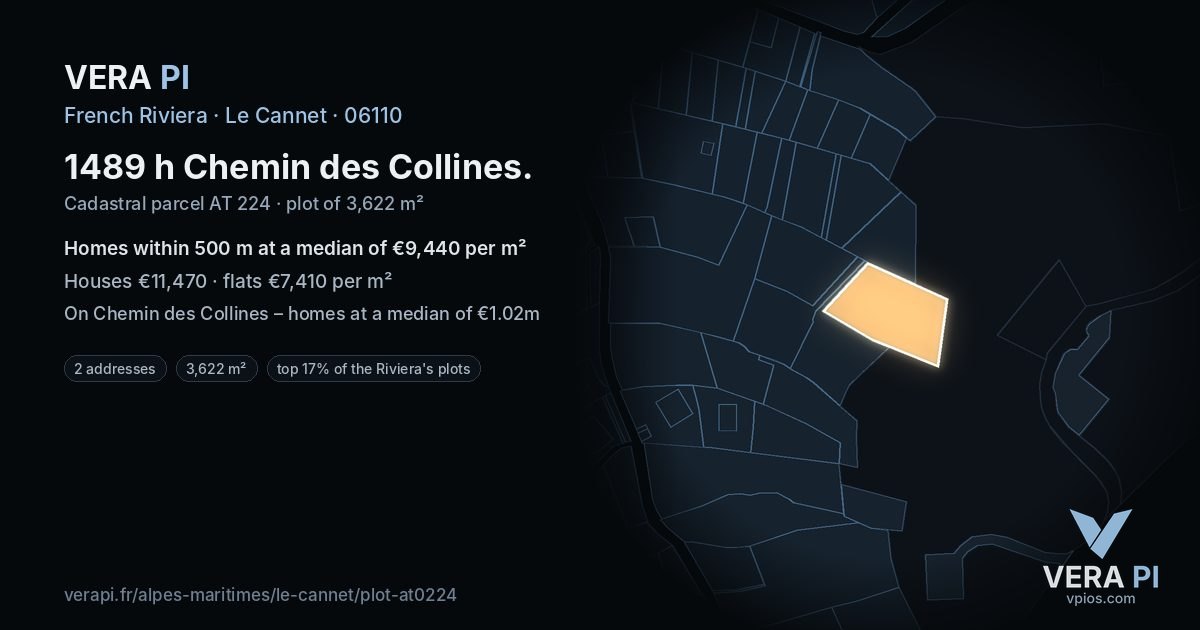 1489 h Chemin des Collines, Le Cannet at night – the plot lit, the parcels around coloured by the prices near them