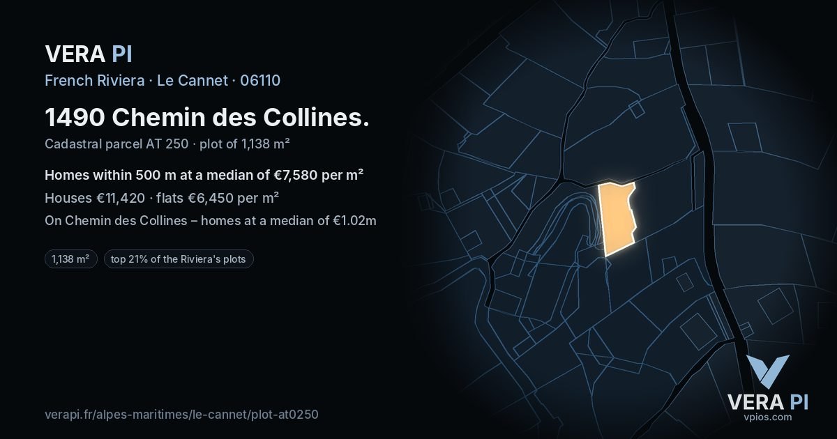 1490 Chemin des Collines, Le Cannet at night – the plot lit, the parcels around coloured by the prices near them