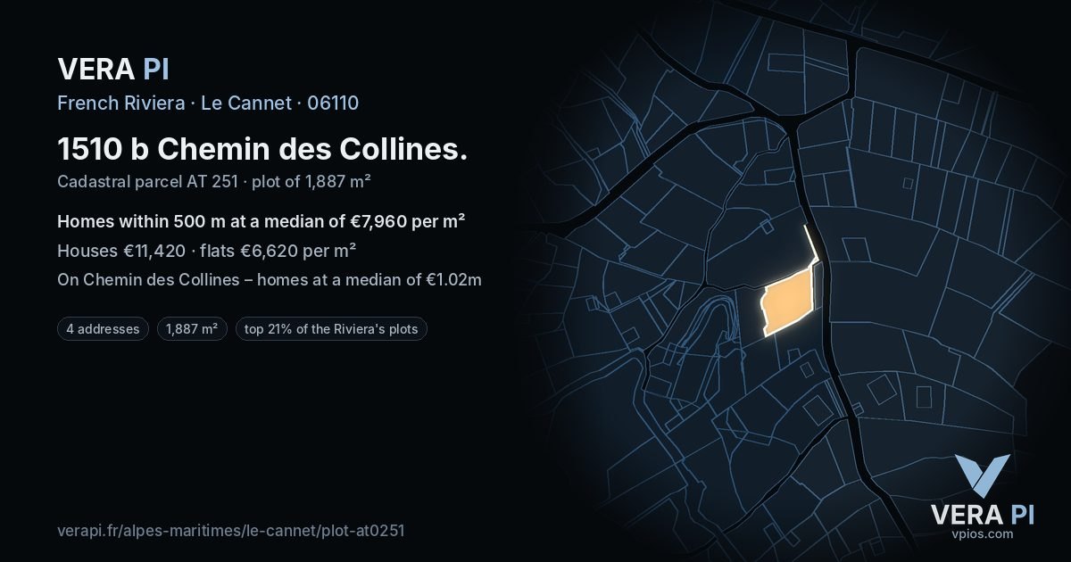 1510 b Chemin des Collines, Le Cannet at night – the plot lit, the parcels around coloured by the prices near them