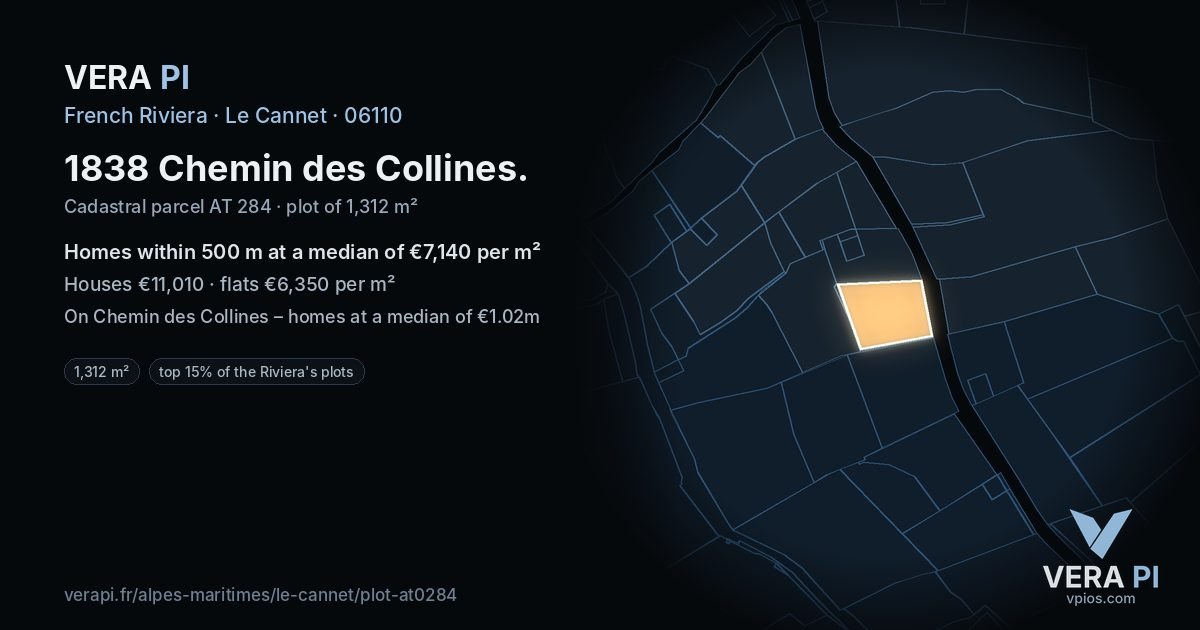 1838 Chemin des Collines, Le Cannet at night – the plot lit, the parcels around coloured by the prices near them