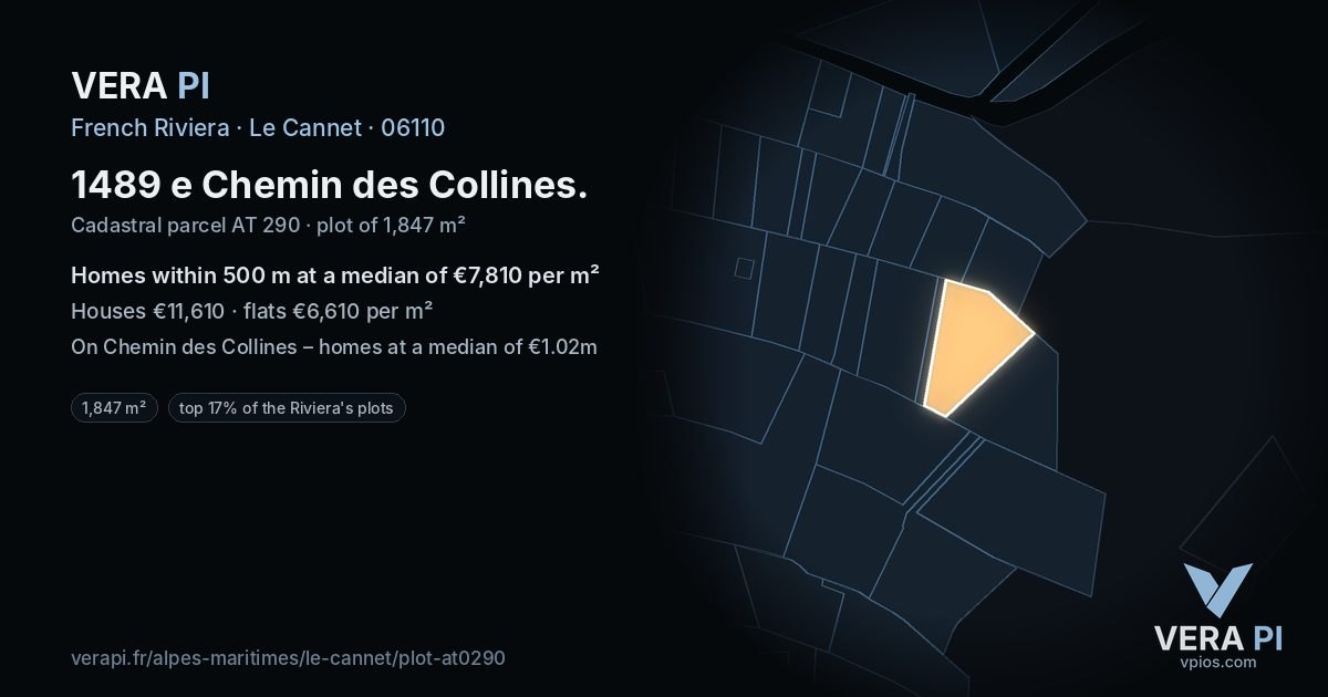 1489 e Chemin des Collines, Le Cannet at night – the plot lit, the parcels around coloured by the prices near them