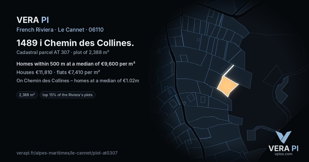 1489 i Chemin des Collines, Le Cannet at night – the plot lit, the parcels around coloured by the prices near them