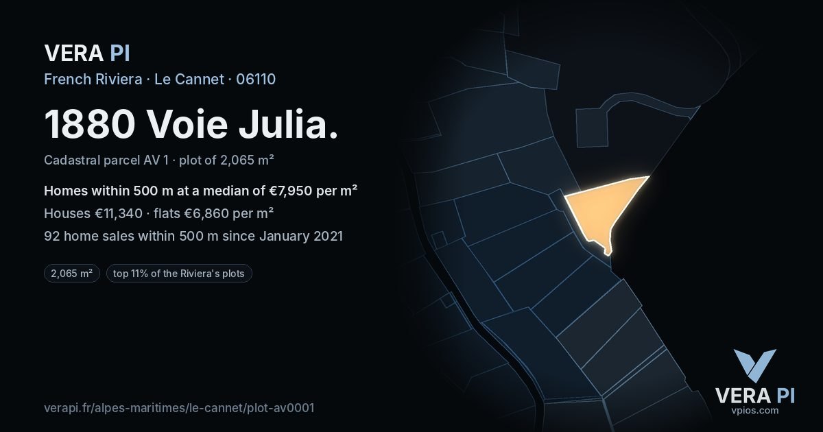 1880 Voie Julia, Le Cannet at night – the plot lit, the parcels around coloured by the prices near them