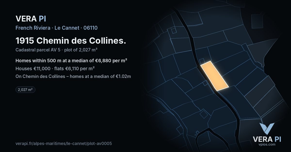 1915 Chemin des Collines, Le Cannet at night – the plot lit, the parcels around coloured by the prices near them