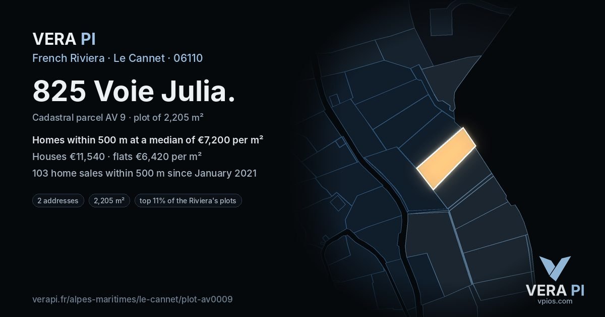 825 Voie Julia, Le Cannet at night – the plot lit, the parcels around coloured by the prices near them