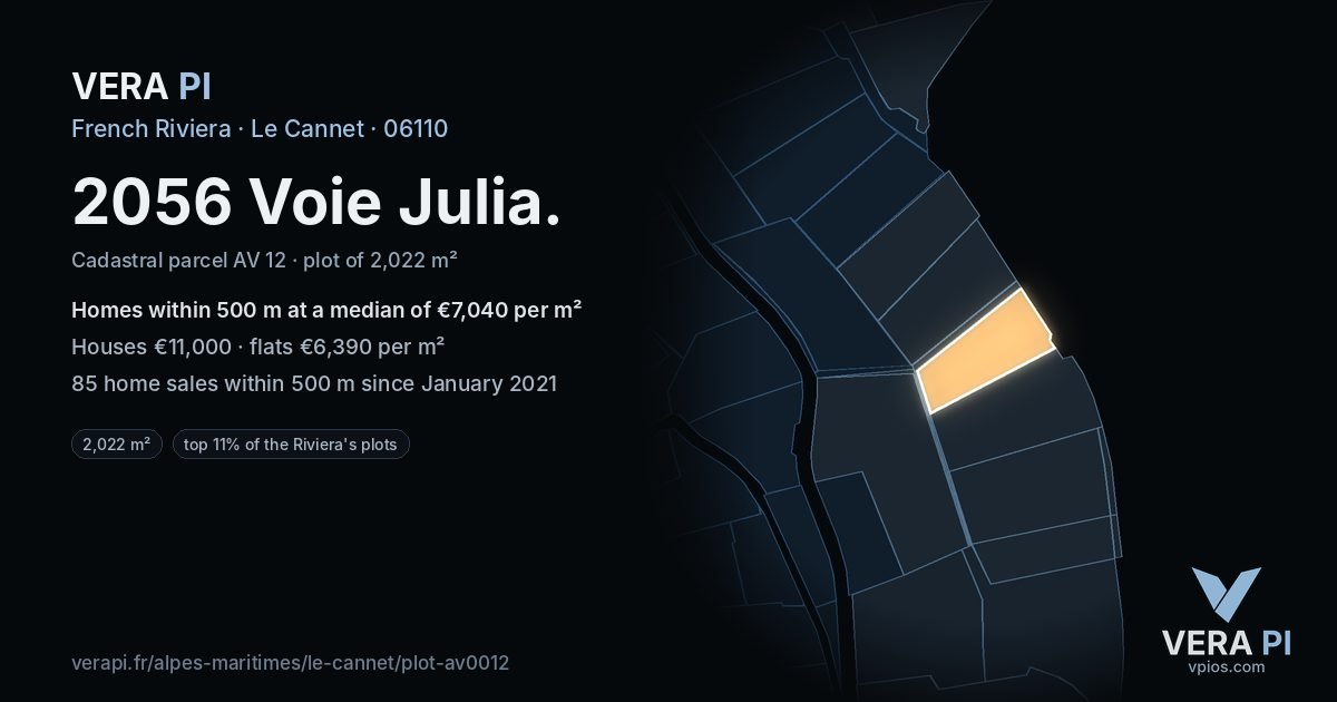 2056 Voie Julia, Le Cannet at night – the plot lit, the parcels around coloured by the prices near them