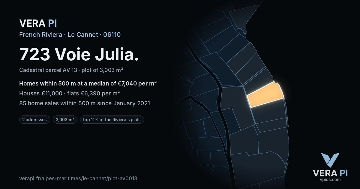 723 Voie Julia, Le Cannet at night – the plot lit, the parcels around coloured by the prices near them