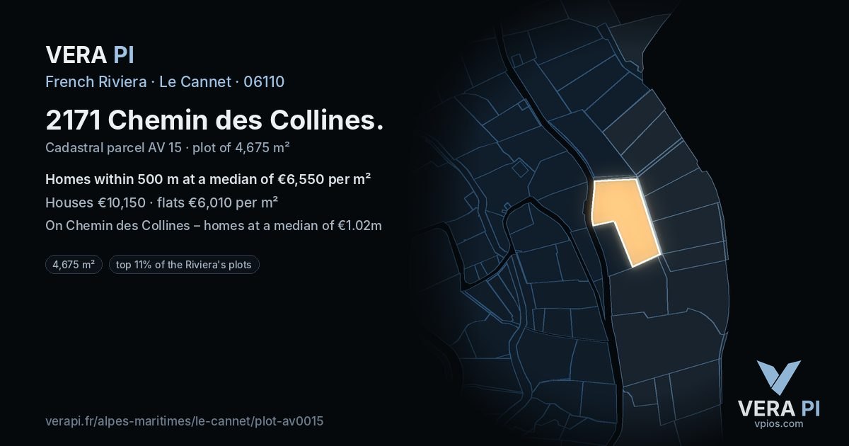 2171 Chemin des Collines, Le Cannet at night – the plot lit, the parcels around coloured by the prices near them