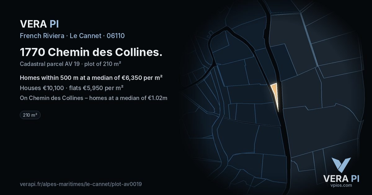 1770 Chemin des Collines, Le Cannet at night – the plot lit, the parcels around coloured by the prices near them