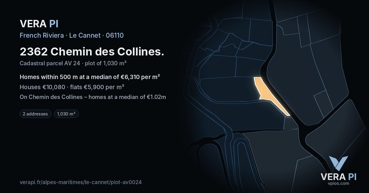 2362 Chemin des Collines, Le Cannet at night – the plot lit, the parcels around coloured by the prices near them