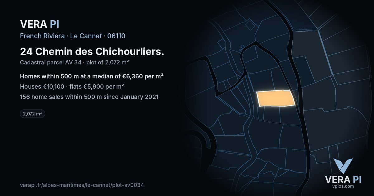 24 Chemin des Chichourliers, Le Cannet at night – the plot lit, the parcels around coloured by the prices near them