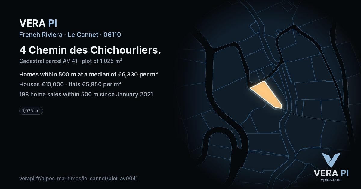 4 Chemin des Chichourliers, Le Cannet at night – the plot lit, the parcels around coloured by the prices near them