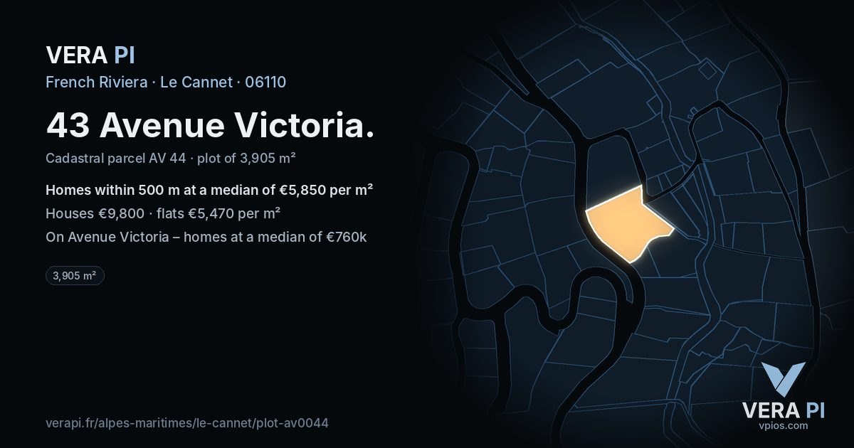 43 Avenue Victoria, Le Cannet at night – the plot lit, the parcels around coloured by the prices near them
