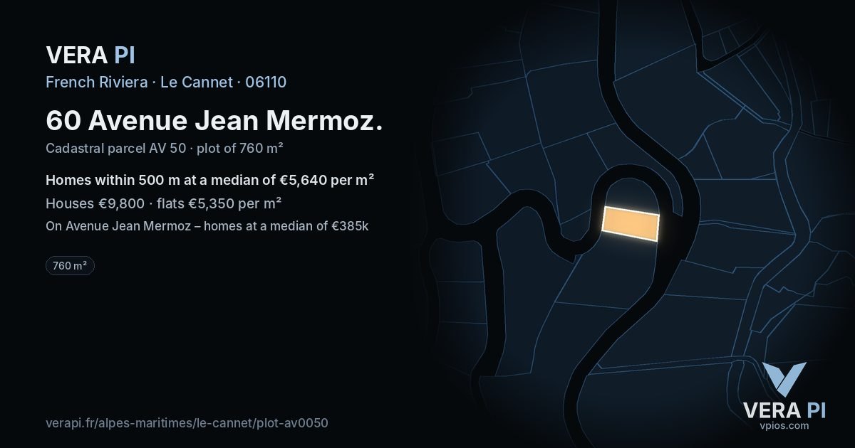 60 Avenue Jean Mermoz, Le Cannet at night – the plot lit, the parcels around coloured by the prices near them