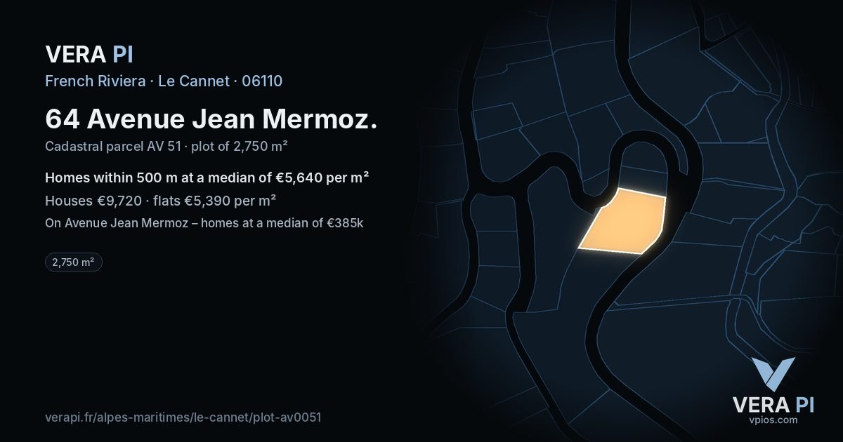 64 Avenue Jean Mermoz, Le Cannet at night – the plot lit, the parcels around coloured by the prices near them