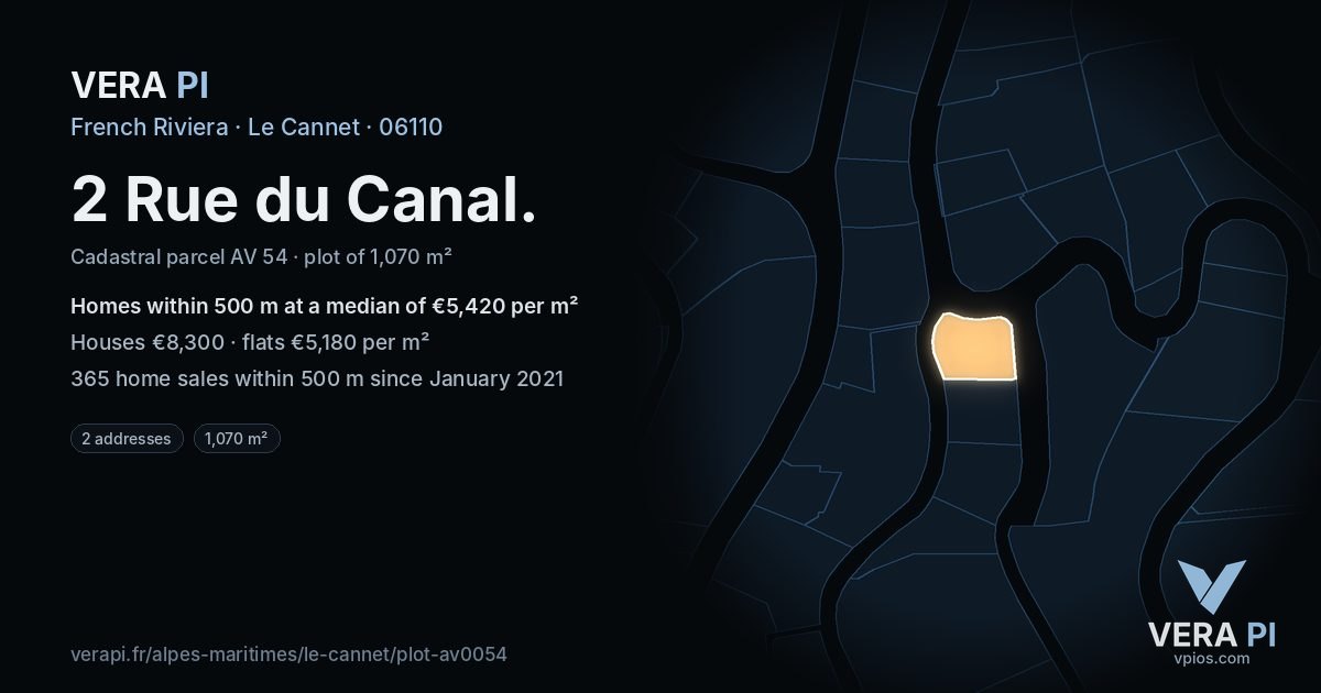 2 Rue du Canal, Le Cannet at night – the plot lit, the parcels around coloured by the prices near them